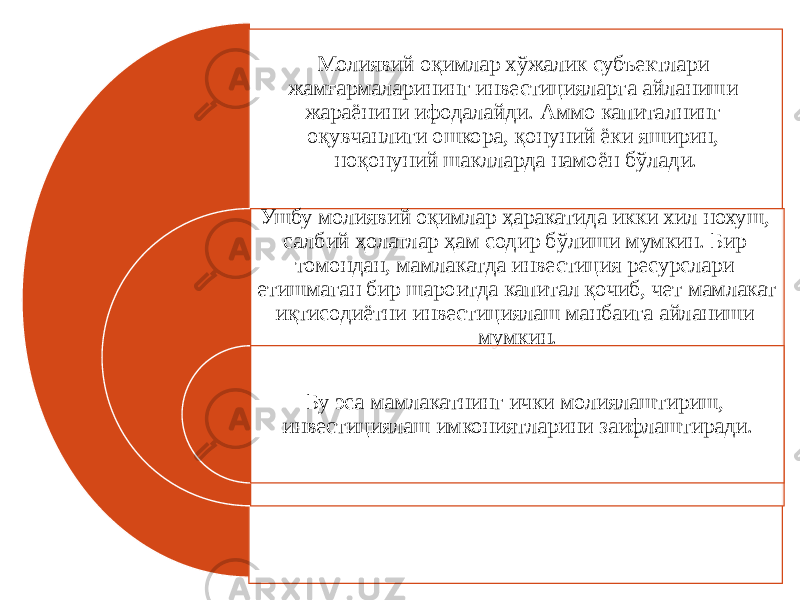 Молиявий оқимлар хўжалик субъектлари жамғармаларининг инвестицияларга айланиши жараёнини ифодалайди. Аммо капиталнинг оқувчанлиги ошкора, қонуний ёки яширин, ноқонуний шаклларда намоён бўлади. Ушбу молиявий оқимлар ҳаракатида икки хил нохуш, салбий ҳолатлар ҳам содир бўлиши мумкин. Бир томондан, мамлакатда инвестиция ресурслари етишмаган бир шароитда капитал қочиб, чет мамлакат иқтисодиётни инвестициялаш манбаига айланиши мумкин. Бу эса мамлакатнинг ички молиялаштириш, инвестициялаш имкониятларини заифлаштиради. 