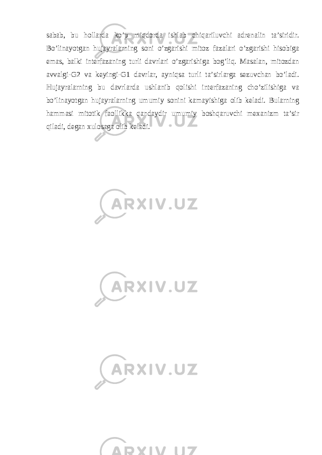 sabab, bu hollarda ko’p miqdorda ishlab chiqariluvchi adrenalin ta’siridir. Bo’linayotgan hujayralarning soni o’zgarishi mitoz fazalari o’zgarishi hisobiga emas, balki interfazaning turli davrlari o’zgarishiga bog’liq. Masalan, mitozdan avvalgi-G2 va keyingi-G1 davrlar, ayniqsa turli ta’sirlarga sezuvchan bo’ladi. Hujayralarning bu davrlarda ushlanib qolishi interfazaning cho’zilishiga va bo’linayotgan hujayralarning umumiy sonini kamayishiga olib keladi. Bularning hammasi mitotik faollikka qandaydir umumiy boshqaruvchi mexanizm ta’sir qiladi, degan xulosaga olib keladi. 