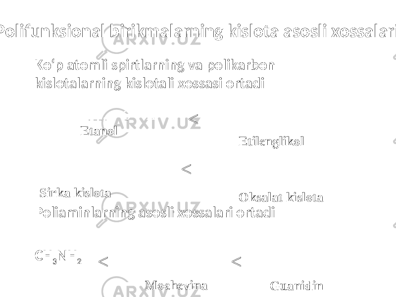  Polifunksional birikmalarning kislota asosli xossalari Ko‘p atomli spirtlarning va polikarbon kislotalarning kislotali xossasi ortadi Poliaminlarning asosli xossalari ortadi СН 3 NН 2 < < Sirka kislota Oksalat kislota <<Etanol Etilenglikol Mochevina Guanidin 