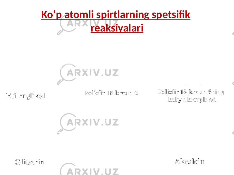 Ko‘p atomli spirtlarning spetsifik reaksiyalari Poliefir 18-kraun-6ning kaliyli kompleksiPoliefir 18-kraun-6 Etilenglikol Akrolein Glitserin 