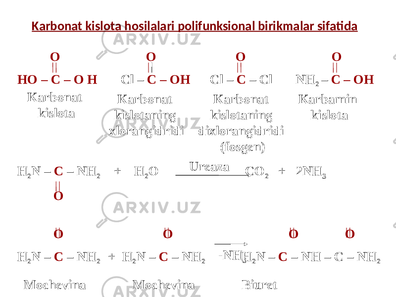 Karbonat kislota hosilalari polifunksional birikmalar sifatida О О О О НО – С – О Н Сl – C – OH Cl – C – Cl NH 2 – C – OH H 2 N – C – NH 2 + H 2 O CO 2 + 2NH 3 О O О О О H 2 N – C – NH 2 + H 2 N – C – NH 2 H 2 N – C – NH – C – NH 2Ureaza -NH 3 Mochevina Mochevina BiuretKarbonat kislota Karbonat kislotaning xlorangidridi Karbonat kislotaning dixlorangidridi (fosgen) Karbamin kislota 