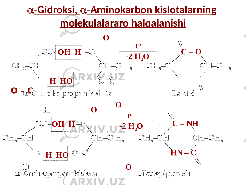  -Gidroksi,  -Aminokarbon kislotalarning molekulalararo halqalanishi О СО– –О С – О СН 3 –СН СН–С Н 3 СН 3 –СН СН–СН 3 О– –О–С О – С О ОН Н  -Gidroksipropan kislota Laktid t o -2 H 2 O H О СО– –N С – NH СН 3 –СН СН–С Н 3 СН 3 –СН СН–СН 3 N – –О–С HN – С H О ОН Н Н НO Н НО  -Aminopropan kislota Diketopiperazin t o -2 H 2 O 