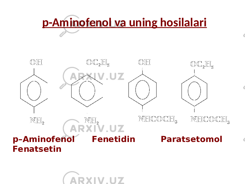 p-Aminofenol va uning hosilalari OH NH 2 OC 2 H 5 NH 2 OH NHCOCH 3 OC 2 H 5 NHCOCH 3 p–Aminofenol Fenetidin Paratsetomol Fenatsetin 