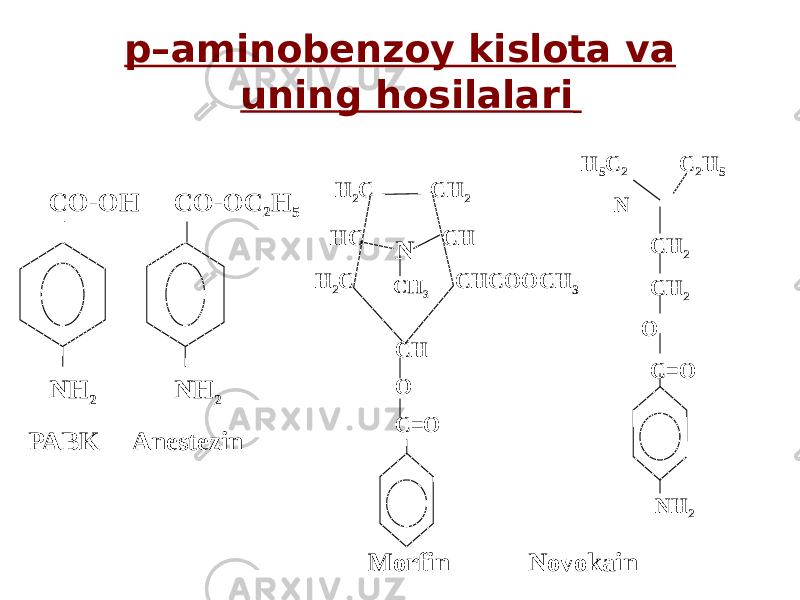 p–aminobenzoy kislota va uning hosilalari СO-ОН NH 2 СO-ОС 2 Н 5 NH 2 H 2 C CH 2 HC CH CH 3N CHCOOCH 3H 2 C CH O C=O Н 5 С 2 С 2 Н 5 N CH 2 CH 2 O C=O NH 2 PABK Anestezin Morfin Novokain 