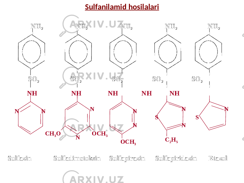 Sulfanilamid hosilalari NH 2 SN N NH 2 N N OCH 3NH 2NH 2 SO 2 SO 2 SO 2 SO 2 SO 2 NH NH NH NH NH N N CH 3 O OCH 3 Sulfazin Sulfadimetoksin Sulfapirazin Sulfapiridazin Etazol NH 2 N N C 2 H 5S N 