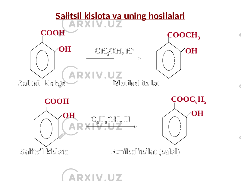 Salitsil kislota va uning hosilalari ОНСООН СООН ОНSalitsil kislota Metilsalitsilat Salitsil kislota Fenilsalitsilat (salol) СН 3 ОН, Н + СООСН 3 ОН С 6 Н 5 ОН, Н + ОНСООС 6 Н 5 