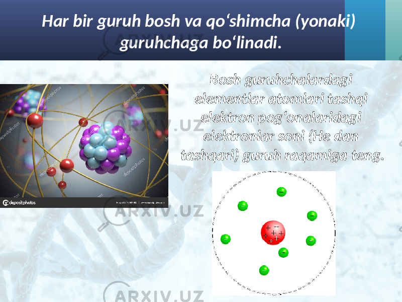 Har bir guruh bosh va qo‘shimcha (yonaki) guruhchaga bo‘linadi. Bosh guruhchalardagi elementlar atomlari tashqi elektron pog‘onalaridagi elektronlar soni (He dan tashqari) guruh raqamiga teng. 