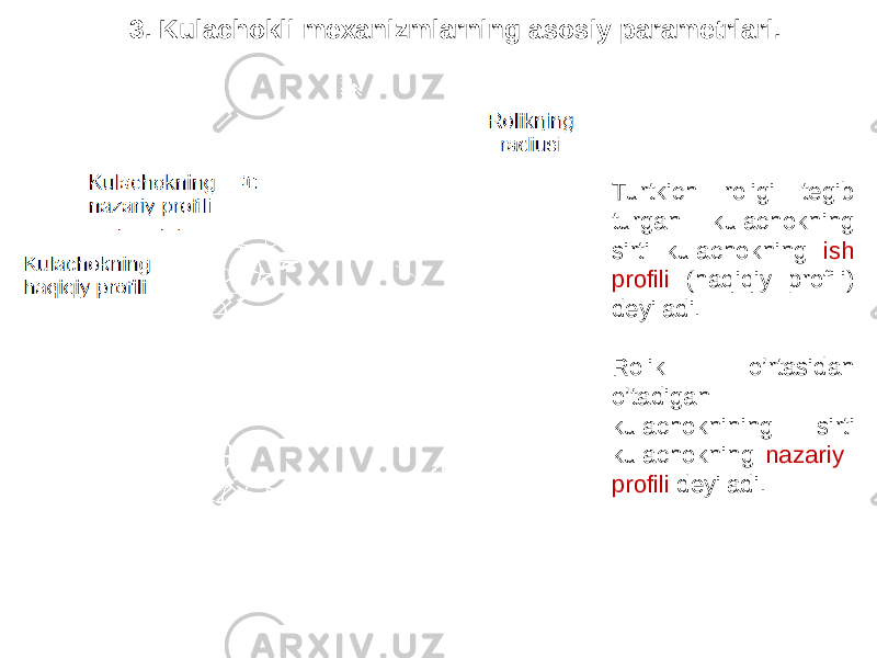 Turtkich roligi tegib turgan kulachokning sirti kulachokning ish profili (haqiqiy profili) deyiladi. Rolik o’rtasidan o’tadigan kulachoknining sirti kulachokning nazariy profili deyiladi.3. Kulachokli mexanizmlarning asosiy parametrlari. 