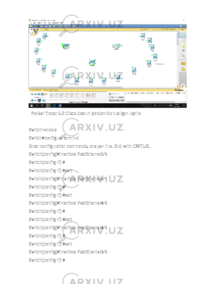  Packet Tracer 5.0 Cisco dasturi yordamida tuzilgan loyiha Switch>enable Switch#configure terminal Enter configuration commands, one per line. End with CNTL/Z. Switch(config)#interface FastEthernet5/1 Switch(config-if) # Switch(config-if) #exit Switch(config)#interface FastEthernet5/1 Switch(config-if) # Switch(config-if) #exit Switch(config)#interface FastEthernet4/1 Switch(config-if) # Switch(config-if) #exit Switch(config)#interface FastEthernet4/1 Switch(config-if) # Switch(config-if) #exit Switch(config)#interface FastEthernet3/1 Switch(config-if) # 