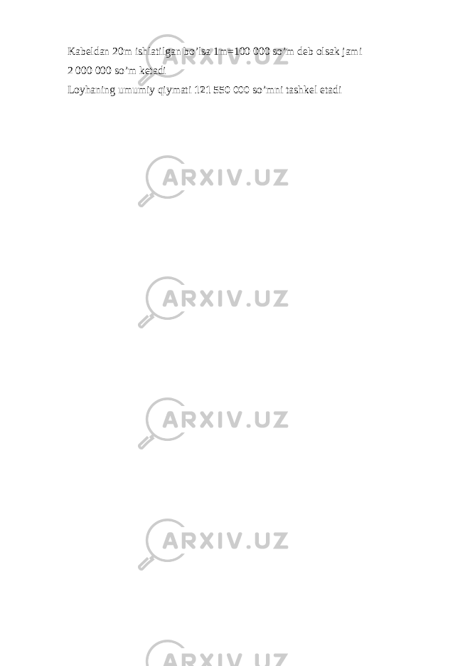 Kabeldan 20m ishlatilgan bo’lsa 1m=100 000 so’m deb olsak jami 2 000 000 so’m ketadi Loyhaning umumiy qiymati 121 550 000 so’mni tashkel etadi 
