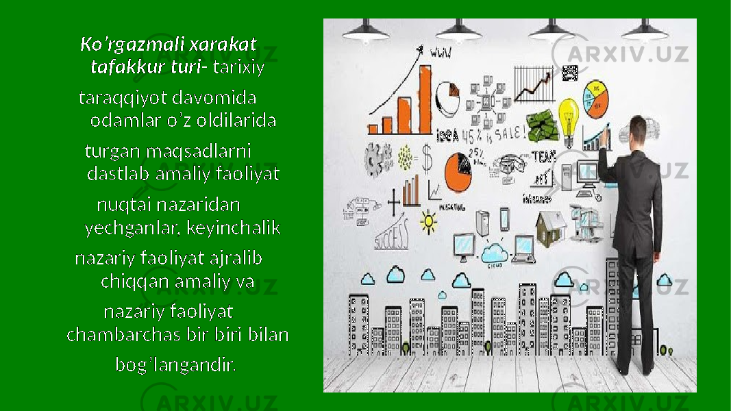 Ko’rgazmali xarakat tafakkur turi - tarixiy taraqqiyot davomida odamlar o’z oldilarida turgan maqsadlarni dastlab amaliy faoliyat nuqtai nazaridan yechganlar, keyinchalik nazariy faoliyat ajralib chiqqan amaliy va nazariy faoliyat chambarchas bir biri bilan bog’langandir. 