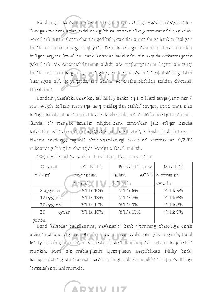 Fondning imkoniyatlari deyarli chegaralangan. Uning asosiy funktsiyalari bu- Fondga a’zo banklardan badallar yig’ish va omonatchilarga omonatlarini qaytarish. Fond banklarga nisbatan choralar qo’llashi, qoidalar o’rnatishi va banklar faoliyati haqida ma’lumot olishga haqi yo’q. Fond banklarga nisbatan qo’llashi mumkin bo’lgan yagona jazosi bu- bank kalendar badallarini o’z vaqtida o’tkazmaganda yoki bank o’z omonatchilarining oldida o’z majburiyatlarini bajara olmasligi haqida ma’lumot berganda, shuningdek, bank operatsiyalarini bajarishi to’g’risida litsenziyasi olib qo’yilganda, shu bankni Fond ishtirokchilari safidan chiqarish hisoblanadi. Fondning dastlabki ustav kapitali Milliy bankning 1 milliard tanga (taxminan 7 mln. AQSh dollari) summaga teng mablag’dan tashkil topgan. Fond unga a’zo bo’lgan banklarning bir martalik va kalendar badallari hisobidan moliyalashtiriladi. Bunda, bir martalik badallar miqdori-bank tomonidan jalb etilgan barcha kafolatlanuvchi omonatlarning 0,375% ni tashkil etadi, kalendar badallari esa – hisobot davridagi, tegishli hisobraqamlardagi qoldiqlari summasidan 0,25%i mikdorida yilning har choragida Fondga o’tkazib turiladi. 10-jadval Fond tomonidan kafolatlanadigan omonatlar Omonat muddati Muddatli omonatlar, tangada Muddatli omo- natlar, AQSh dollarida Muddatli omonatlar, evroda 6 oygacha Yillik 10% Yillik 6% Yillik 5% 12 oygacha Yillik 13% Yillik 7% Yillik 6% 36 oygacha Yillik 15% Yillik 9% Yillik 8% 36 oydan yuqori Yillik 16% Yillik 10% Yillik 9% Fond kalendar badallarining stavkalarini bank tizimining sharoitiga qarab o’zgartirish xuquqiga ega. Bundan tashqari favqulodda holat yuz berganda, Fond Milliy bankdan, hukumatdan va boshqa tashkilotlardan qo’shimcha mablag’ olishi mumkin. Fond o’z mablag’larini Qozog’iston Respublikasi Milliy banki boshqarmasining shartnomasi asosida faqatgina davlat muddatli majburiyatlariga investitsiya qilishi mumkin. 