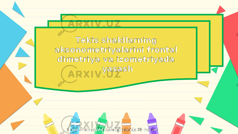 8-sinf chizmachilik darsligi asosida 28-mavzu: Tekis shakllarning aksonometriyalarini frontal dimetriya va izometriyada yasash 