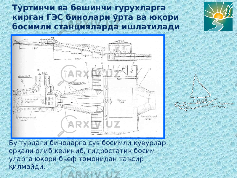 Тўртинчи ва бешинчи гурухларга кирган ГЭС бинолари ўрта ва юқори босимли станцияларда ишлатилади Бу турдаги биноларга сув босимли қувурлар орқали олиб келиниб, гидростатик босим уларга юқори бьеф томонидан таъсир қилмайди. 