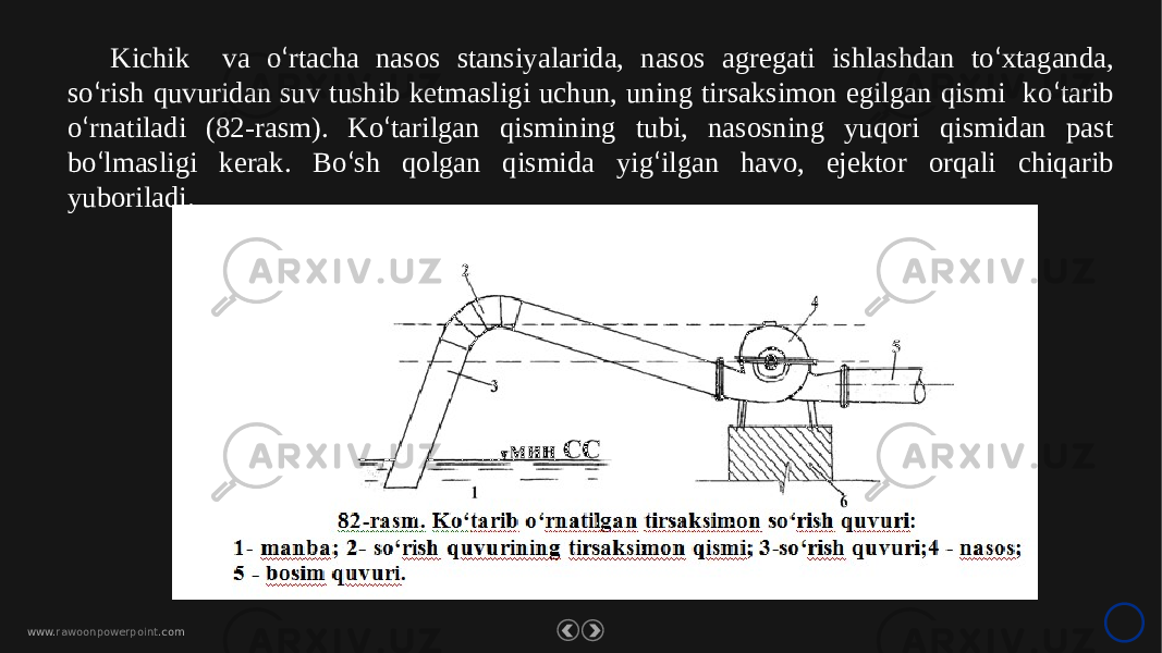 www. rawoonpowerpoint .comKichik va o ‘ rtacha nasos stansiyalarida, nasos agregati ishlashdan to ‘ xtaganda, so ‘ rish quvuridan suv tushib ketmasligi uchun, uning tirsaksimon egilgan qismi ko ‘ tarib o ‘ rnatiladi (82-rasm). Ko ‘ tarilgan qismining tubi, nasosning yuqori qismidan past bo ‘ lmasligi kerak. Bo ‘ sh qolgan qismida yig ‘ ilgan havo, ejektor orqali chiqarib yuboriladi. 