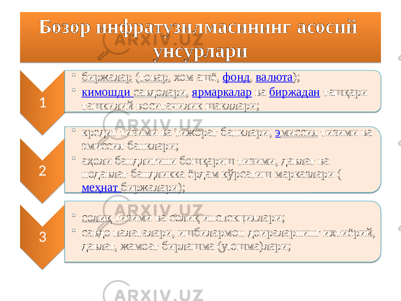 Бозор инфратузилмасининг асосий унсурлари 1 • биржалар  ( товар , хом ашё,  фонд ,  валюта ); • кимошди савдолари ,  ярмаркалар  ва  биржадан  ташқари ташкилий воситачилик шакллари; 2 • кредит тизими ва тижорат банклари,  э миссия  тизими ва эмиссия банклари; • аҳоли бандлигини бошқариш тизими, давлат ва нодавлат бандликка ёрдам кўрсатиш марказлари ( меҳнат биржалари ); 3 • солиқ  тизими ва солиқ инспекциялари; • савдо палаталари, ишбилармон доираларнинг ихтиёрий, давлат, жамоат бирлашма (уюшма)лари;26 2F2B 01 01 0E0F111E 1F 09 13 18 131F 0C 24 01 030F160B10 08 1B 131F 2611 1F0C 0E 1F09 09 02 01 03 27 160F 1F09 27 01 05 06 1602 08 0E0F111E 24 03 01 1B 1F09 01 1B 1205 