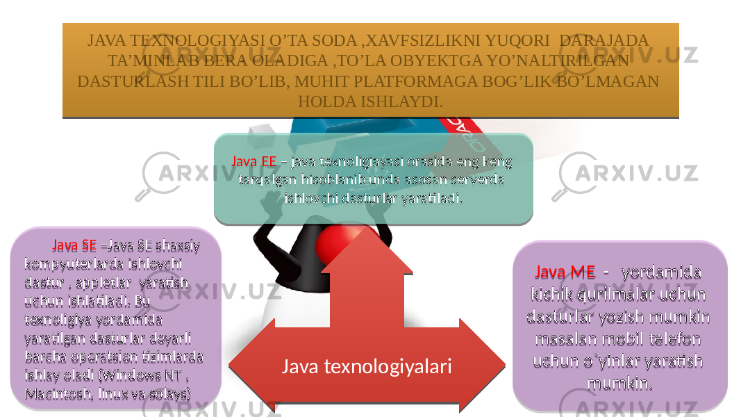 JAVA TEXNOLOGIYASI O’TA SODA ,XAVFSIZLIKNI YUQORI DARAJADA TA’MINLAB BERA OLADIGA ,TO’LA OBYEKTGA YO’NALTIRILGAN DASTURLASH TILI BO’LIB, MUHIT PLATFORMAGA BOG’LIK BO’LMAGAN HOLDA ISHLAYDI. Java texnologiyalariJava EE – java texnoligiayasi orasida eng keng tarqalgan hisoblanib unda asosan serverda ishlovchi dasturlar yaratiladi. Java SE –Java SE shaxsiy kompyuterlarda ishlovchi dastur , appletlar yaratish uchun ishlatiladi. Bu texnoligiya yordamida yaratilgan dasturlar deyarli barcha operatsion tizimlarda ishlay oladi (Windows NT , Macintosh, linux va solays) Java ME - yordamida kichik qurilmalar uchun dasturlar yozish mumkin masalan mobil telefon uchun o`yinlar yaratish mumkin.01 05 1002 1A09 02 02 47 08 0E07 02 47 14 06 09 08 16 22 0E07 3F 02 2B 140E2E 060307 13 092E 13 