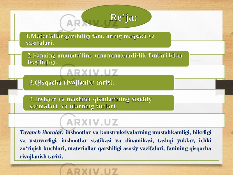  R е ’j а: Tayanch iboralar: inshootlar va konstruksiyalarning mustahkamligi, bikrligi va ustuvorligi, inshootlar statikasi va dinamikasi, tashqi yuklar, ichki zo‘riqish kuchlari, materiallar qarshiligi asosiy vazifalari, fanining qisqacha rivojlanish tarixi. 