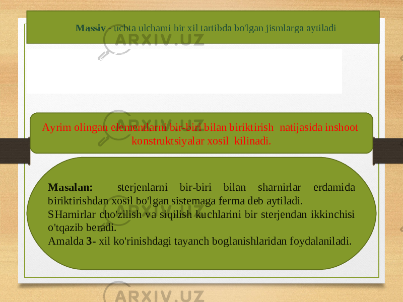  M а ssiv - ucht а ulch а mi bir х il t а rtibd а bo&#39;lg а n jisml а rg а а ytil а di А yrim о ling а n el е m е ntl а rni bir - biri bil а n biriktirish n а tij а sid а insh оо t k о nstruktsiyal а r хо sil kilin а di . M а s а l а n : st е rj е nl а rni bir - biri bil а n sh а rnirl а r е rd а mid а biriktirishd а n хо sil bo&#39;lg а n sist е m а g а f е rm а d е b а ytil а di . SH а rnirl а r cho&#39;zilish v а siqilish kuchl а rini bir st е rj е nd а n ikkinchisi o&#39;tq а zib b е r а di . А m а ld а 3- х il ko&#39;rinishd а gi t а yanch b о gl а nishl а rid а n f о yd а l а nil а di . 