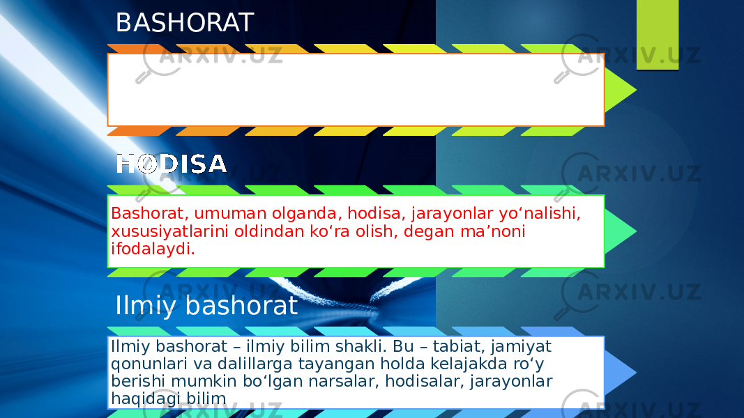 BASHORAT Bashorat hayoliy (utopik) sotsializm va marksizm nazariyasining asosini tashkil etadi. HODISA Bashorat, umuman olganda, hodisa, jarayonlar yo‘nalishi, xususiyatlarini oldindan ko‘ra olish, degan ma’noni ifodalaydi. Ilmiy bashorat Ilmiy bashorat – ilmiy bilim shakli. Bu – tabiat, jamiyat qonunlari va dalillarga tayangan holda kelajakda ro‘y berishi mumkin bo‘lgan narsalar, hodisalar, jarayonlar haqidagi bilim 