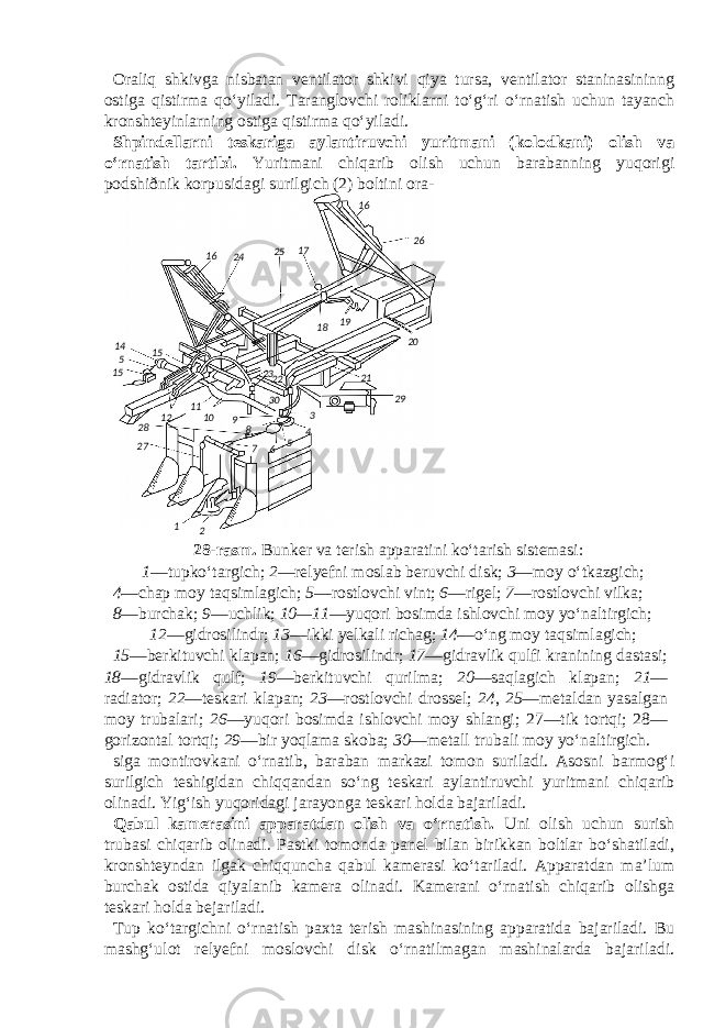 Oraliq shkivga nisbatan ventilator shkivi qiya tursa, ventilator staninasininng ostiga qistirma qo‘yiladi. Taranglovchi roliklarni to‘g‘ri o‘rnatish uchun tayanch kronshteyinlarning ostiga qistirma qo‘yiladi. Shpindellarni teskariga aylantiruvchi yuritmani (kolodkani) olish va o‘rnatish tartibi. Yuritmani chiqarib olish uchun barabanning yuqorigi podshiðnik korpusidagi surilgich (2) boltini ora- 28-rasm. Bunker va terish apparatini ko‘tarish sistemasi: 1 —tupko‘targich; 2 —relyefni moslab beruvchi disk; 3 —moy o‘tkazgich; 4 —chap moy taqsimlagich; 5 —rostlovchi vint; 6 —rigel; 7 —rostlovchi vilka; 8 —burchak; 9 —uchlik; 10—11 —yuqori bosimda ishlovchi moy yo‘naltirgich; 12 —gidrosilindr; 13 —ikki yelkali richag; 14 —o‘ng moy taqsimlagich; 15 —berkituvchi klapan; 16 —gidrosilindr; 17 —gidravlik qulfi kranining dastasi; 18 —gidravlik qulf; 19 —berkituvchi qurilma; 20 —saqlagich klapan; 21 — radiator; 22 —teskari klapan; 23 —rostlovchi drossel; 24 , 25 —metaldan yasalgan moy trubalari; 26 —yuqori bosimda ishlovchi moy shlangi; 27—tik tortqi; 28— gorizontal tortqi; 29 —bir yoqlama skoba; 30 —metall trubali moy yo‘naltirgich. siga montirovkani o‘rnatib, baraban markazi tomon suriladi. Asosni barmog‘i surilgich teshigidan chiqqandan so‘ng teskari aylantiruvchi yuritmani chiqarib olinadi. Yig‘ish yuqoridagi jarayonga teskari holda bajariladi. Qabul kamerasini apparatdan olish va o‘rnatish. Uni olish uchun surish trubasi chiqarib olinadi. Pastki tomonda panel bilan birikkan boltlar bo‘shatiladi, kronshteyndan ilgak chiqquncha qabul kamerasi ko‘tariladi. Apparatdan ma’lum burchak ostida qiyalanib kamera olinadi. Kamerani o‘rnatish chiqarib olishga teskari holda bejariladi. Tup ko‘targichni o‘rnatish paxta terish mashinasining apparatida bajariladi. Bu mashg‘ulot relyefni moslovchi disk o‘rnatilmagan mashinalarda bajariladi. 1 227 28 12 11 10 7 6 4 3 21 29 20 2616 17 25 2416 1514 5 15 18 19 89 53023 22 