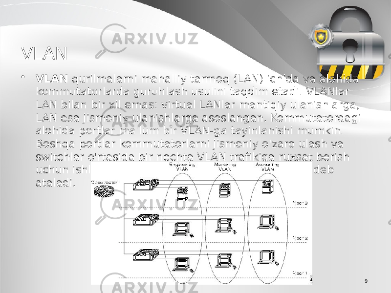 9VLAN • VLAN qurilmalarni mahalliy tarmoq (LAN) ichida va alohida kommutatorlarda guruhlash usulini taqdim etadi. VLANlar LAN bilan bir xil emas: virtual LANlar mantiqiy ulanishlarga, LAN esa jismoniy ulanishlarga asoslangan. Kommutatordagi alohida portlar ma&#39;lum bir VLAN-ga tayinlanishi mumkin. Boshqa portlar kommutatorlarni jismoniy o&#39;zaro ulash va switchlar o&#39;rtasida bir nechta VLAN trafikiga ruxsat berish uchun ishlatilishi mumkin. Ushbu portlar magistral deb ataladi. 