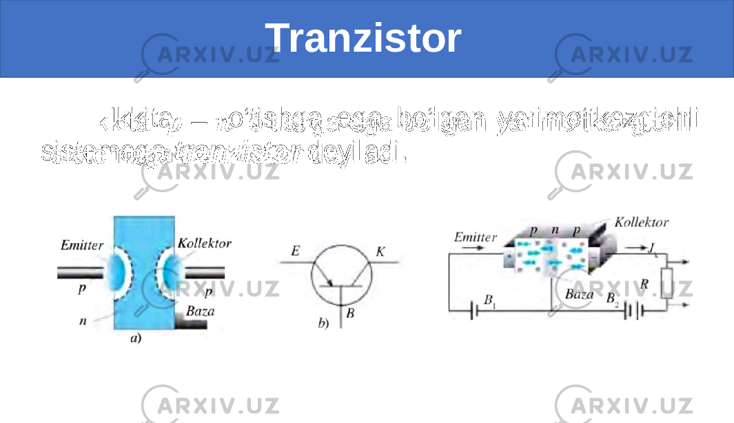  Tranzistor Ikkita o‘tishga ega bo‘lgan yarimo‘tkazgichli sistemaga tranzistor deyiladi. • 