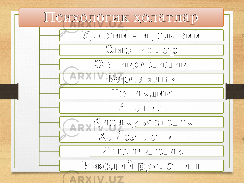 Психологик ҳолатлар Ҳиссий - иродавий Эмоциялар Эътиқодлилик Бардамлик Тетиклик Апатия Қизиқувчанлик Ҳайратланиш Ишончлилик Ижодий руҳланиш 