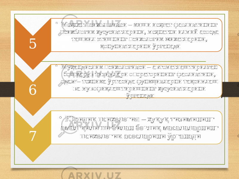 5 • Меҳнат психологияси – киши иеҳгат фаолиятининг психологик хусусиятларини, меҳнатни илмий асосда ташкил этишнинг психологик жихатларини, қонуниятларини ўрганади 6 • Муҳандислик психологияси – автоматлаштирилган бошқарув тизимлари операторининг фаолиятини, одам – техника ўртасида функцияларни тақсимлаш ва мувофиқлаштиришнинг хусусиятларини ўрганади 7 • Юридик психология – ҳуқуқ тизимининг амал қилиши билан боғлиқ масалаларнинг психологик асосларини ўрганади 