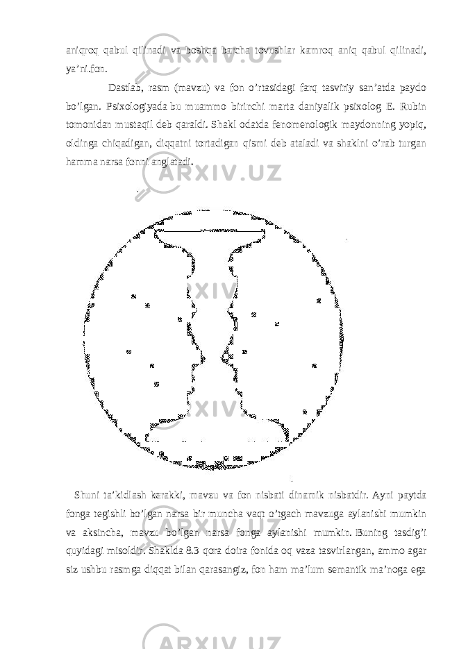 aniqroq qabul qilinadi va boshqa barcha tovushlar kamroq aniq qabul qilinadi, ya’ni.fon. Dastlab, rasm (mavzu) va fon o’rtasidagi farq tasviriy san’atda paydo bo’lgan. Psixologiyada   bu muammo birinchi marta daniyalik psixolog E. Rubin tomonidan mustaqil deb qaraldi.   Shakl odatda fenomenologik maydonning yopiq, oldinga chiqadigan, diqqatni tortadigan qismi deb ataladi va shaklni o’rab turgan hamma narsa   fonni anglatadi . Shuni ta’kidlash kerakki, mavzu va fon nisbati dinamik nisbatdir.   Ayni paytda fonga tegishli bo’lgan narsa bir muncha vaqt o’tgach mavzuga aylanishi mumkin va aksincha, mavzu bo’lgan narsa fonga aylanishi mumkin.   Buning tasdig’i quyidagi misoldir.   Shaklda   8.3 qora doira fonida oq vaza tasvirlangan, ammo agar siz ushbu rasmga diqqat bilan qarasangiz, fon ham ma’lum semantik ma’noga ega 