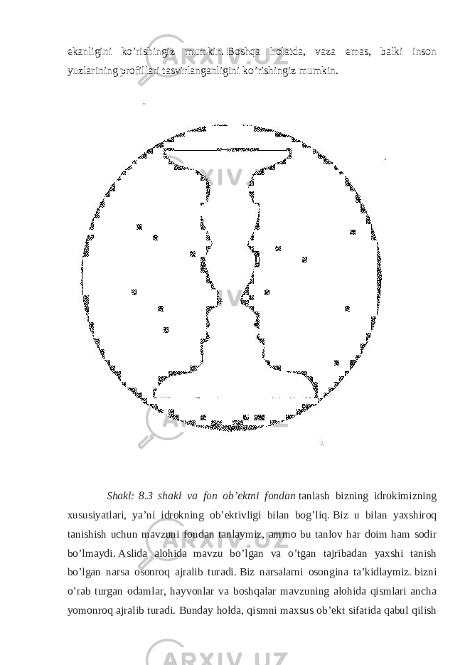 ekanligini ko’rishingiz mumkin.   Boshqa holatda, vaza emas, balki inson yuzlarining profillari tasvirlanganligini ko’rishingiz mumkin. Shakl:   8.3 shakl va fon ob’ektni fondan   tanlash bizning idrokimizning xususiyatlari, ya’ni idrokning ob’ektivligi bilan bog’liq.   Biz u bilan yaxshiroq tanishish uchun mavzuni fondan tanlaymiz, ammo bu tanlov har doim ham sodir bo’lmaydi.   Aslida alohida mavzu bo’lgan va o’tgan tajribadan yaxshi tanish bo’lgan narsa osonroq ajralib turadi.   Biz narsalarni osongina ta’kidlaymiz.   bizni o’rab turgan odamlar, hayvonlar va boshqalar mavzuning alohida qismlari ancha yomonroq ajralib turadi.   Bunday holda, qismni maxsus ob’ekt sifatida qabul qilish 