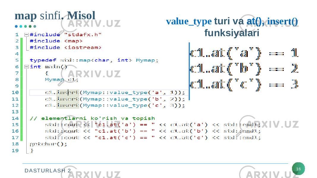 D A S T U R L A S H 2map sinfi . Misol 16value_type turi va at(), insert() funksiyalari 