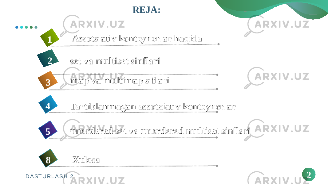 D A S T U R L A S H 2 2Assotsiativ konteynerlar haqida 1 set va multiset sinflari2 map va multimap siflari 3 REJA: Tartiblanmagan assotsiativ konteynerlar4 unordered set va unordered multiset sinflari 5 Xulosa 8 