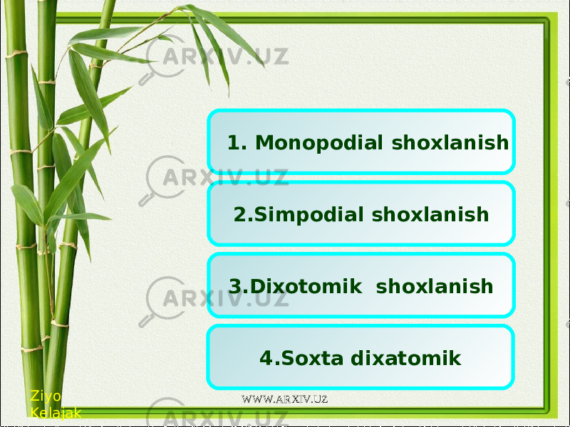  1. Monopodial shoxlanish 2.Simpodial shoxlanish 3.Dixotomik shoxlanish 4.Soxta dixatomik Ziyo Kelajak WWW.ARXIV.UZ 