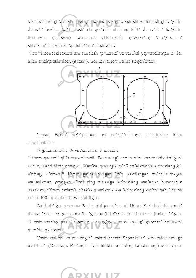 toshtaxtalardagi teshiklar tuzilgan konus asosiga o’xshashi va balandligi bo’yicha diametri boshqa bo’lib toshtaxta qolipida ulurning ichki diametrlari bo’yicha titratuvchi (puasson) formalarni chiqarishda g’ovakning ichkiyuzalarni shikaslantirmasdan chiqarishni taminlash kerak. Temirbeton toshtaxtani armaturalash gorizontal va vertikal payvandlangan to’rlar bilan amalga oshiriladi. (9 rasm). Gorizontal to’r 1silliq sterjenlardan 9.rasm Blokni zo’riqtirilgan va zo’riqtirilmagan armaturalar bilan armaturalash: 1- gorizantal to’rlar; 2- vertikal to’rlar; 3- armatura; 150mm qadamli qilib tayyorlanadi. Bu turdagi armaturalar konstruktiv bo’lgani uchun, ularni hisoblanmaydi. Vertikal qovurg’a to’r 2 bo’ylama va ko’ndalang A1 sinfdagi diametri8...12mm gacha bo’lgan issiq yassilangan zo’riqtirilmagan sterjenlardan yasalgan. Oraliqning o’rtasiga ko’ndalang sterjenlar konstruktiv jixatidan 200mm qadamli, chekka qismlarida esa ko’ndalang kuchni qabul qilish uchun 100mm qadamli joylashtirilgan. Zo’riqtirilgan armatura 3ettita o’rilgan diametri 15mm K-7 simlaridan yoki diametri5mm bo’lgan qaytariladigan profilli Qo’shaloq simlardan joylashtirilgan. U toshtaxtaning pastki qismida, qovurg’aga tutash joydagi g’ovakni bo’luvchi qismida joylashadi. Toshtaxtalarni ko’ndalang birlashtirishbeton Shponkalari yordamida amalga oshiriladi. (10 rasm). Bu tugun faqat bloklar orasidagi ko’ndalang kuchni qabul 