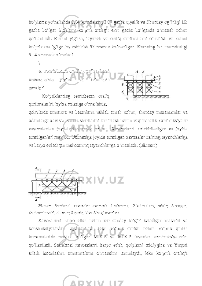 bo’ylama yo’nalishda 0.04 ko’ndalang 0.02 gacha qiyalik va Shunday og’irligi 16t gacha bo’lgan bloklarni ko’prik oralig’i 42m gacha bo’lganda o’rnatish uchun qo’llaniladi. Kranni yig’ish, tayanch va oraliq qurilmalarni o’rnatish va kranni ko’prik oralig’iga joylashtirish 37 rasmda ko’rsatilgan. Kranning ish unumdorligi 3...4 smenada o’rnatadi. \ 8. Temirbeton oraliq qurilmalarni xavozalarda yig’ish va betonlash asoslari Ko’priklarning temirbeton oraliq qurilmalarini loyixa xolatiga o’rnatishda, qoliplarda armatura va betonlarni ushlab turish uchun, shunday mexanizmlar va odamlarga xavfsiz ishlash shartlarini taminlash uchun vaqtinchalik konstruksiyalar xavozalardan foydalanish kerak bo’ladi. Xavozalarni ko’chiriladigan va joyida turadiganlari mavjud. Uzunasiga joyida turadigan xavozalar uzining tayanchlariga va barpo etiladigan inshootning tayanchlariga o’rnatiladi. (38.rasm) 38.rasm Statsional xavozalar sxemasi: 1-to’shama; 2-ko’ndalang to’sin; 3-progon; 4birlashtiruvchi; 5-ustun; 6-qoziq; 7 va 8 bog’lovchilar: Xavozalarni barpo etish uchun xar qanday to’g’ri keladigan material va konstruksiyalardan foydalaniladi, lekn ko’prik qurish uchun ko’prik qurish korxonalarida mavjud bo’lgan MIK-S va MIK-P inventar konstruksiyalarini qo’llaniladi. Statsional xavozalarni barpo etish, qolplarni oddiygina va Yuqori sifatli betonlashni armaturalarni o’rnatishni taminlaydi, lekn ko’prik oralig’i 