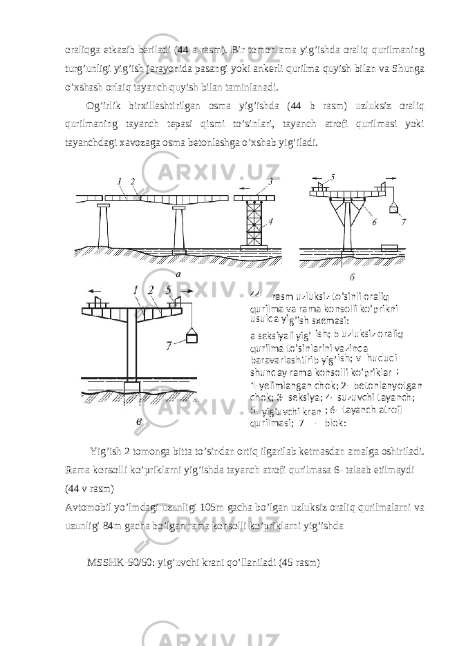 oraliqga etkazib beriladi (44 a rasm). Bir tomonlama yig’ishda oraliq qurilmaning turg’unligi yig’ish jarayonida pasangi yoki ankerli qurilma quyish bilan va Shunga o’xshash orlaiq tayanch quyish bilan taminlanadi. Og’irlik birxillashtirilgan osma yig’ishda (44 b rasm) uzluksiz oraliq qurilmaning tayanch tepasi qismi to’sinlari, tayanch atrofi qurilmasi yoki tayanchdagi xavozaga osma betonlashga o’xshab yig’iladi. Yig’ish 2 tomonga bitta to’sindan ortiq ilgarilab ketmasdan amalga oshiriladi. Rama konsolli ko’priklarni yig’ishda tayanch atrofi qurilmasa 6- talaab etilmaydi (44 v rasm) Avtomobil yo’lmdagi uzunligi 105m gacha bo’lgan uzluksiz oraliq qurilmalarni va uzunligi 84m gacha bo’lgan rama konsolli ko’priklarni yig’ishda MSSHK-50/50: yig’uvchi krani qo’llaniladi (45 rasm) 44 rasm uzluksiz to’sinli oraliq qurilma va rama konsolli ko’prikni usulda yi g’ish sxemasi: а seksiyali yig’ ish; b uzluksiz oraliq qurilma to’sinlarini vazinda baravarlashtirib yig’ ish; v hududi shunday rama konsolli ko’priklar ; 1 - yelimlangan chok ; 2 - betonlanyotgan chok ; 3 - seksiya ; 4 - suzuvchi tayanch ; 5 - yig’uvchi kran ; 6 - tay anch atrofi qurilmasi ; 7 - blok : 