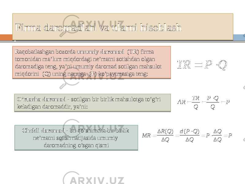 Firma daromadlari va ularni hisoblash Raqobatlashgan bozorda umumiy daromad (TR) firma tomonidan ma’lum miqdordagi ne’matni sotishdan olgan daromadiga teng, ya’ni umumiy daromad sotilgan mahsulot miqdorini (Q) uning narxiga (P) ko’paytmasiga teng: O’rtacha daromad - sotilgan bir birlik mahsulotga to’g’ri keladigan daromaddir, ya’ni: Chekli daromad - bu qo’shimcha bir birlik ne’matni sotish natijasida umumiy daromadning o’sgan qismi TR P Q   P Q Q P Q TR AR     MR R Q Q d P Q Q P Q Q P            ( ) ( ) 211C0F 0610110C1210 1E 0E 130C1E 1F100F0C1E 1E1C 01 0E3D0E 23 3B2F211D1F220B 0E3D 18 1F100F0C1E10 