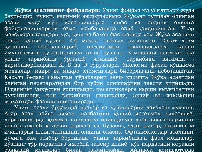 Жўка асалининг фойдалари: Унинг фойдал хусусиятлари жуда беқиёсдир, чунки, кадимий аждодларимиз Жўкани гулидан олинган асали жуда кўп касалликларга шифо ва олдини олишга фойдаланишларини ёзма манбаларида ёзиб қолдиришган. Улар мавсумдан ташқари куз, қиш ва бахор фаслларида ҳам Жўка асалини чойга қўшиб кунига 3-4 махал танавул килишган. Овқат хазм қилишни осонлаштириб, организмни касалликларга қарши имунитетини кучайтиришга хисса қўшган. Замонавий олимлар эса унинг таркибини ўрганиб чиқишиб, таркибида витамин - дармондорилардан Қ, В ва Э гуруҳлари, биологик фаоал қўшимча моддалар, макро ва микро элеменглари бисёрлигини исботлашган. Касали бедаво саналган гўдакларни заиф қисмига Жўка асалидан олинган перепаратидан бир кубик олишларини тавсия килишади. Гўдакнинг уйқусини яхшилайди, касалликларга карши имунитетини кучайтиради, қон таркибини яхшилайди, ақлий ва жисмоний жиҳатидан фаоллигини оширади. Унинг асали ёрдамида яралар ва куйишларни даволаш мумкин. Агар асал чойга лимон шарбатини қўшиб истеъмол қилсангиз, дорихоналарда қиммат нархларга олинадиган дори воситаларининг ўрнига ажоиб ва арзон нарсага эга бўласиз, яъни жигар, ошқозон ва ичакларни яллиғланишини олдини оласиз. Офталмологлар асалнинг кучига ҳам этибор беришади. Унинг таркибидаги фаол моддалар, кўзнинг тўр пардасига ижобий таъсир қилиб, кўз пардасини керакли озиқавий моддалар билан таьминлайди. Айниқса компьютерда ишлайдиган ходимлар, ишни бошлашдан олдин бир стакан асалли чой танаввул қилишни одат қилсалар, уша куни кўзлари чаршамай ишлайдилар, кўзлари толмайдилар. 