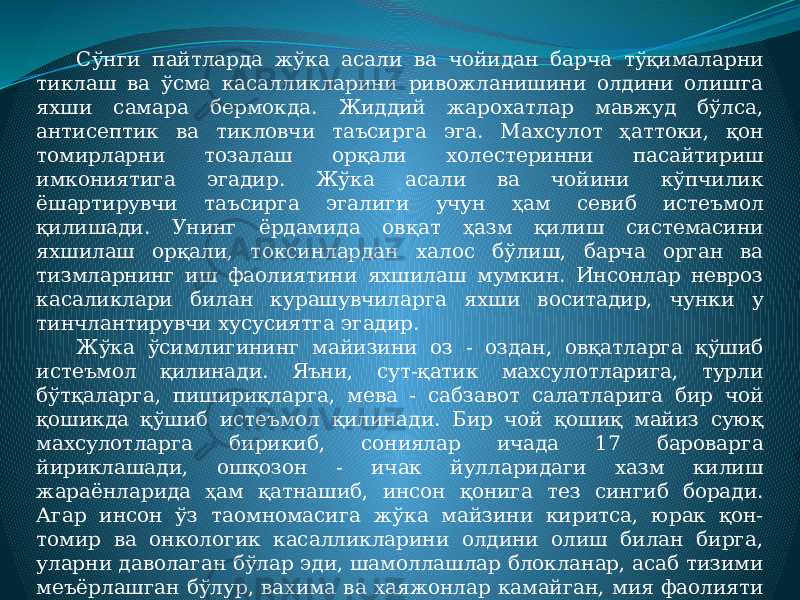 Сўнги пайтларда жўка асали ва чойидан барча тўқималарни тиклаш ва ўсма касалликларини ривожланишини олдини олишга яхши самара бермокда. Жиддий жарохатлар мавжуд бўлса, антисептик ва тикловчи таъсирга эга. Махсулот ҳаттоки, қон томирларни тозалаш орқали холестеринни пасайтириш имкониятига эгадир. Жўка асали ва чойини кўпчилик ёшартирувчи таъсирга эгалиги учун ҳам севиб истеъмол қилишади. Унинг ёрдамида овқат ҳазм қилиш системасини яхшилаш орқали, токсинлардан халос бўлиш, барча орган ва тизмларнинг иш фаолиятини яхшилаш мумкин. Инсонлар невроз касаликлари билан курашувчиларга яхши воситадир, чунки у тинчлантирувчи хусусиятга эгадир. Жўка ўсимлигининг майизини оз - оздан, овқатларга қўшиб истеъмол қилинади. Яъни, сут-қатик махсулотларига, турли бўтқаларга, пишириқларга, мева - сабзавот салатларига бир чой қошикда қўшиб истеъмол қилинади. Бир чой қошиқ майиз суюқ махсулотларга бирикиб, сониялар ичада 17 бароварга йириклашади, ошқозон - ичак йулларидаги хазм килиш жараёнларида ҳам қатнашиб, инсон қонига тез сингиб боради. Агар инсон ўз таомномасига жўка майзини киритса, юрак қон- томир ва онкологик касалликларини олдини олиш билан бирга, уларни даволаган бўлар эди, шамоллашлар блокланар, асаб тизими меъёрлашган бўлур, вахима ва хаяжонлар камайган, мия фаолияти яхшиланиб, &#34;ширин&#34; касаллик саналувчи диабет билан оғриган беморларга шифо саналади, чунки у қондаги глюкоза миқдорини меъёрлаштириб боради. 