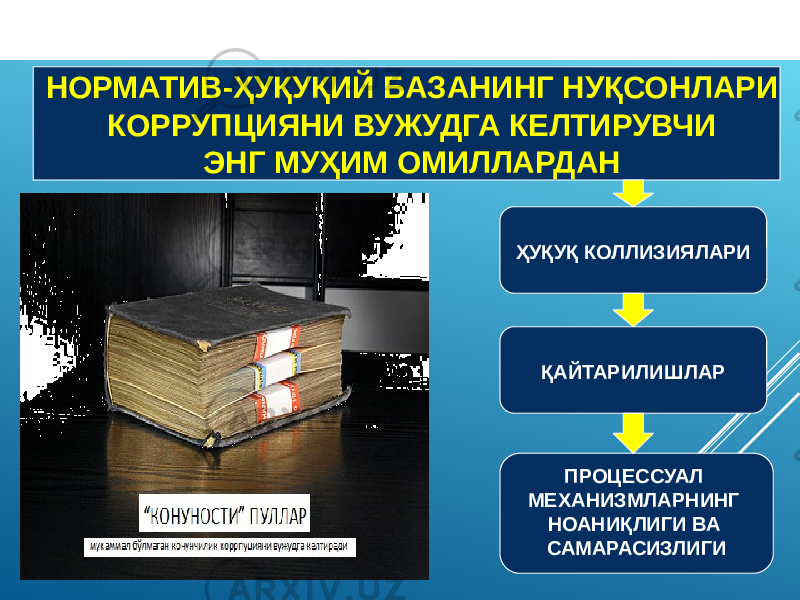 НОРМАТИВ-ҲУҚУҚИЙ БАЗАНИНГ НУҚСОНЛАРИ КОРРУПЦИЯНИ ВУЖУДГА КЕЛТИРУВЧИ ЭНГ МУҲИМ ОМИЛЛАРДАН ҲУҚУҚ КОЛЛИЗИЯЛАРИ ПРОЦЕССУАЛ МЕХАНИЗМЛАРНИНГ НОАНИҚЛИГИ ВА САМАРАСИЗЛИГИҚАЙТАРИЛИШЛАР 