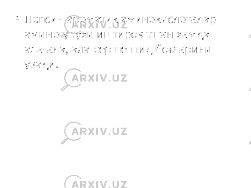 • Пепсин ароматик аминокислоталар аминогуруҳи иштирок этган ҳамда ала-ала, ала-сер пептид боғларини узади. 