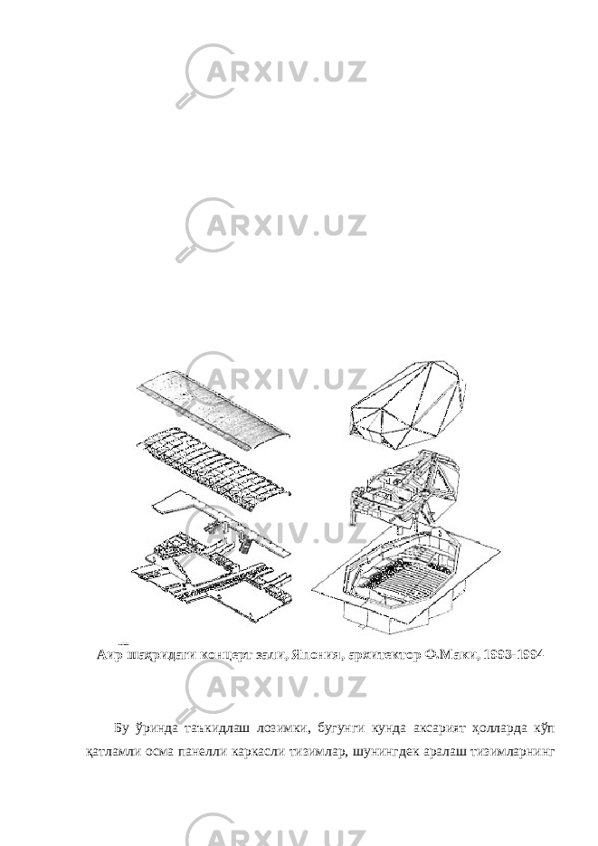 Аир шаҳридаги концерт зали, Япония, архитектор Ф.Маки, 1993-1994 Бу ўринда таъкидлаш лозимки, бугунги кунда аксарият ҳолларда кўп қатламли осма панелли каркасли тизимлар, шунингдек аралаш тизимларнинг 