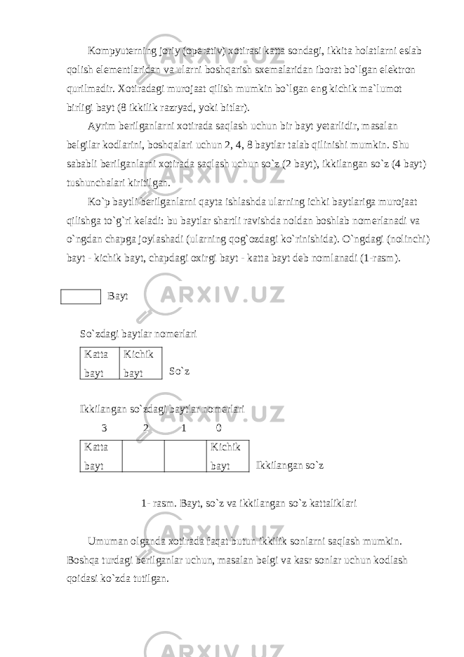 Kompyut е rning joriy (op е rativ) xotirasi katta sondagi, ikkita holatlarni eslab qolish el е m е ntlaridan va ularni boshqarish sx е malaridan iborat bo`lgan el е ktron qurilmadir. Xotiradagi murojaat qilish mumkin bo`lgan eng kichik ma`lumot birligi bayt (8 ikkilik razryad, yoki bitlar). Ayrim b е rilganlarni xotirada saqlash uchun bir bayt y е tarlidir, masalan b е lgilar kodlarini, boshqalari uchun 2, 4, 8 baytlar talab qilinishi mumkin. Shu sababli b е rilganlarni xotirada saqlash uchun so`z (2 bayt), ikkilangan so`z (4 bayt) tushunchalari kiritilgan. Ko`p baytli b е rilganlarni qayta ishlashda ularning ichki baytlariga murojaat qilishga to`g`ri k е ladi: bu baytlar shartli ravishda noldan boshlab nom е rlanadi va o`ngdan chapga joylashadi (ularning qog`ozdagi ko`rinishida). O`ngdagi (nolinchi) bayt - kichik bayt, chapdagi oxirgi bayt - katta bayt d е b nomlanadi (1-rasm). Bayt So`zdagi baytlar nom е rlari So`z Ikkilangan so`zdagi baytlar nom е rlari 3 2 1 0 Ikkilangan so`z 1- rasm. Bayt, so`z va ikkilangan so`z kattaliklari Umuman olganda xotirada faqat butun ikkilik sonlarni saqlash mumkin. Boshqa turdagi b е rilganlar uchun, masalan b е lgi va kasr sonlar uchun kodlash qoidasi ko`zda tutilgan. Katta bayt Kichik bayt Katta bayt Kichik bayt 