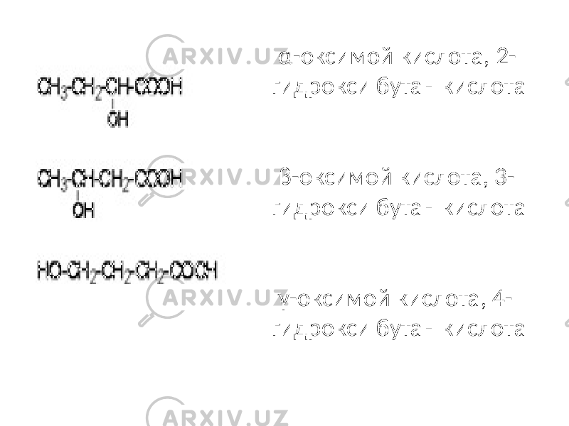 α-оксимой кислота, 2- гидрокси бутан кислота β-оксимой кислота, 3- гидрокси бутан кислота γ-оксимой кислота, 4- гидрокси бутан кислота 