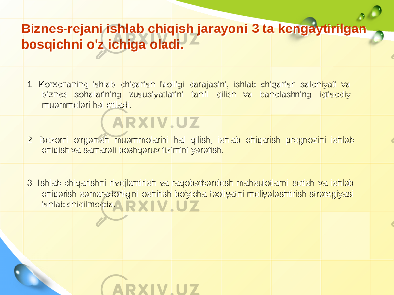 Biznes-rejani ishlab chiqish jarayoni 3 ta kengaytirilgan bosqichni o&#39;z ichiga oladi.  Biznes-rejani ishlab chiqish jarayoni 3 ta kengaytirilgan bosqichni o&#39;z ichiga oladi.   1. Korxonaning ishlab chiqarish faolligi darajasini, ishlab chiqarish salohiyati va biznes sohalarining xususiyatlarini tahlil qilish va baholashning iqtisodiy muammolari hal etiladi. 2. Bozorni o&#39;rganish muammolarini hal qilish, ishlab chiqarish prognozini ishlab chiqish va samarali boshqaruv tizimini yaratish. 3. Ishlab chiqarishni rivojlantirish va raqobatbardosh mahsulotlarni sotish va ishlab chiqarish samaradorligini oshirish bo‘yicha faoliyatni moliyalashtirish strategiyasi ishlab chiqilmoqda. 