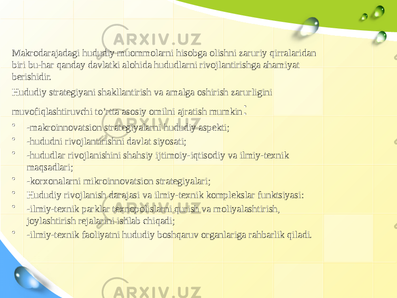 Makrodarajadagi hududiy muommolarni hisobga olishni zaruriy qirralaridan biri bu-har qanday davlatki alohida hududlarni rivojlantirishga ahamiyat berishidir. Hududiy strategiyani shakllantirish va amalga oshirish zarurligini muvofiqlashtiruvchi to’rtta asosiy omilni ajratish mumkin : • -makroinnovatsion strategiyalarni hududiy aspekti; • -hududni rivojlantirishni davlat siyosati; • -hududlar rivojlanishini shahsiy ijtimoiy-iqtisodiy va ilmiy-texnik maqsadlari; • -korxonalarni mikroinnovatsion strategiyalari; • Hududiy rivojlanish darajasi va ilmiy-texnik komplekslar funktsiyasi: • -ilmiy-texnik parklar texnopolislarni qurish va moliyalashtirish, joylashtirish rejalarini ishlab chiqadi; • -ilmiy-texnik faoliyatni hududiy boshqaruv organlariga rahbarlik qiladi. 