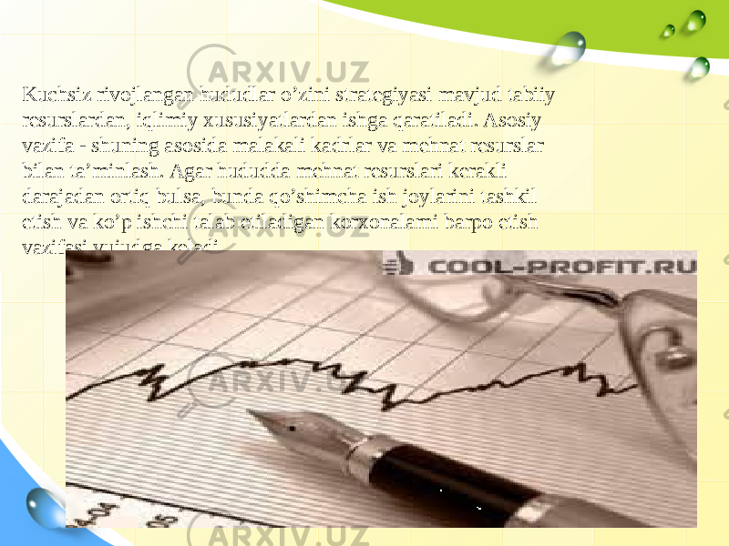 Kuchsiz rivojlangan hududlar o’zini strategiyasi mavjud tabiiy resurslardan, iqlimiy xususiyatlardan ishga qaratiladi. Asosiy vazifa - shuning asosida malakali kadrlar va mehnat resurslar bilan ta’minlash. Agar hududda mehnat resurslari kerakli darajadan ortiq bulsa, bunda qo’shimcha ish joylarini tashkil etish va ko’p ishchi talab etiladigan korxonalarni barpo etish vazifasi vujudga keladi. 