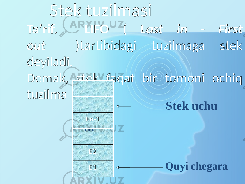 Ta’rif. LIFO ( Last in - First out )tartibidagi tuzilmaga stek deyiladi. Demak, stek faqat bir tomoni ochiq tuzilma En-1 E2 E1 Stek uchu Quyi chegara…Stek tuzilmasi 