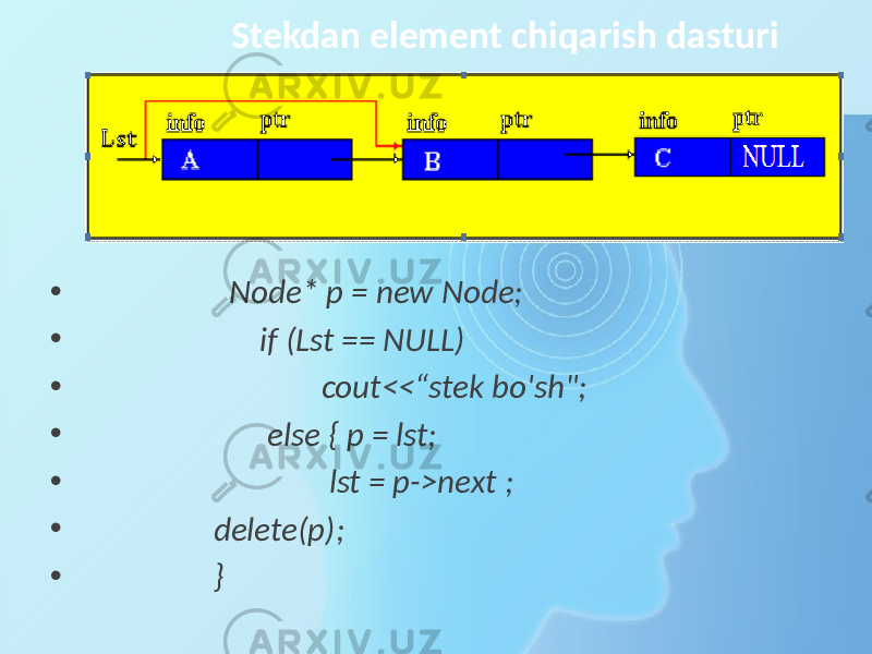 Stekdan element chiqarish dasturi • Node* p = new Node; • if (Lst == NULL) • cout<<“stek bo&#39;sh&#34;; • else { p = lst; • lst = p->next ; • delete(p); • } 